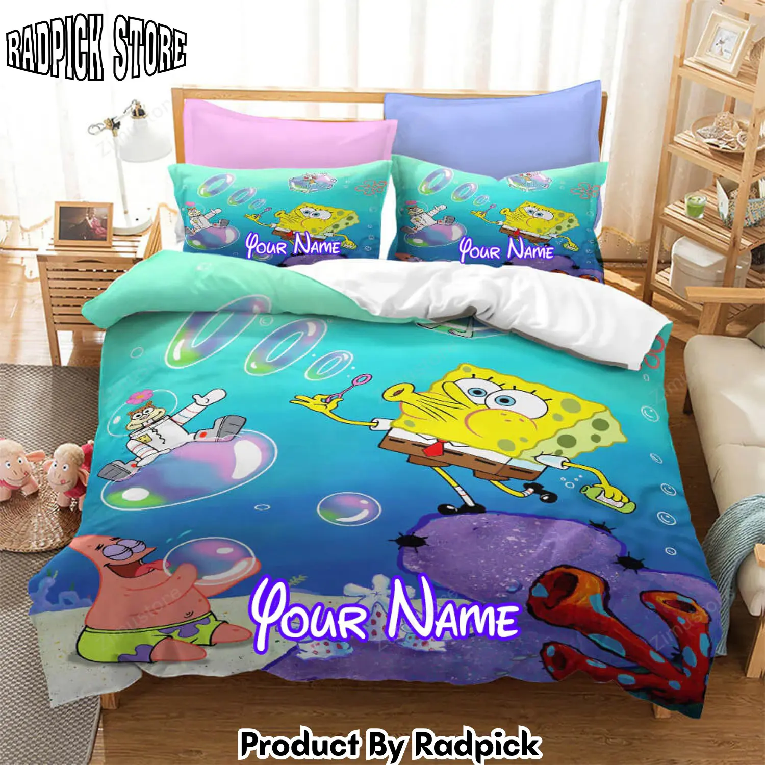 Radpick spongebob squarepants personalized name bedding set duvet covers comforter bed sheets7537 rp3272067